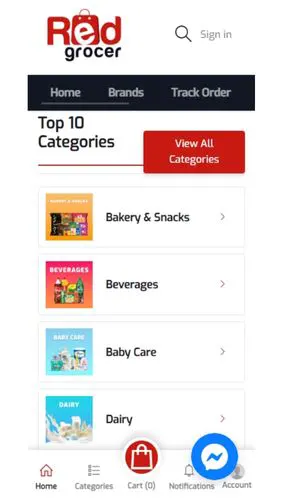 Red Grocer mobile app category list screenshot